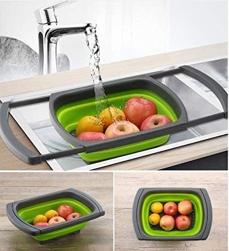 Collapsible Over-the-Sink Silicone Folding Vegetable Basket 3 in 1, Extendable Handles