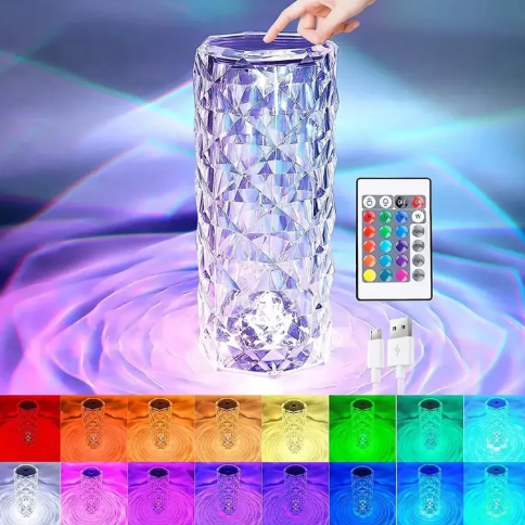16-Color LED Crystal Rose Table Lamp | USB Touch & Remote Control Diamond Atmosphere Night Light