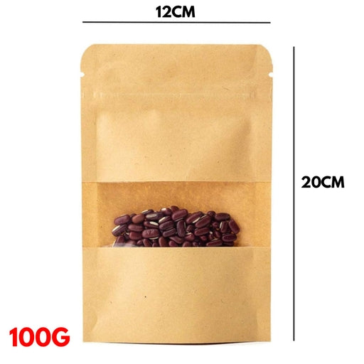 100G - Kraft Paper Bag Stand up Pouch Food Zip Lock Packaging Window (12CM X 20CM + 6CM = 100G)