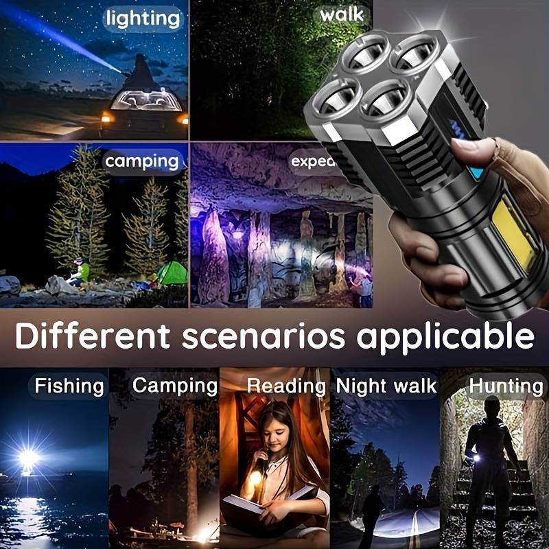 4 LED USB Rechargeable Flashlight with COB Side Light – 4 Modes, Waterproof ABS Torch for Camping
