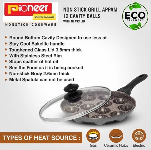 Pioneer 12-Cavity Non-Stick Grill Appam Pan with Glass Lid – Perfect for Soft & Crispy Appams