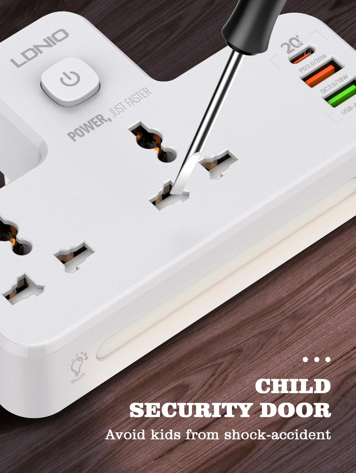 LDNIO SC2311 20W Type-C + 2 USB PD & QC3.0 Charger Extension 2 Way Power Socket with Touch Control Night Lamp