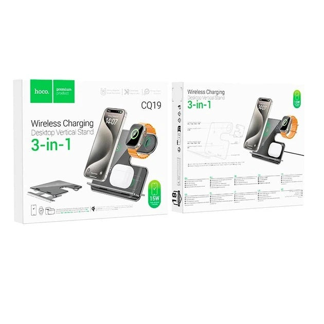 HOCO CQ19 Falcon 3 in 1 Desktop Vertical QI Wireless Fast Charger