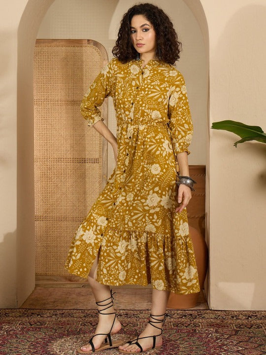 Women Floral Printed Puff Sleeve a-Line Midi Dress