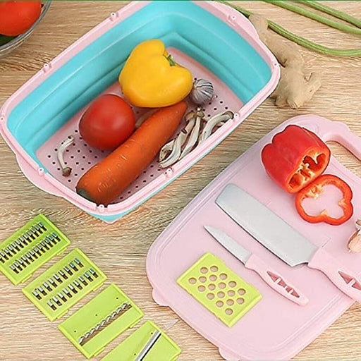 9 In 1 Multifunctional Fruit & Vegetable Slicer Kit , Includes Foldable Cutting Board, Drain Basket