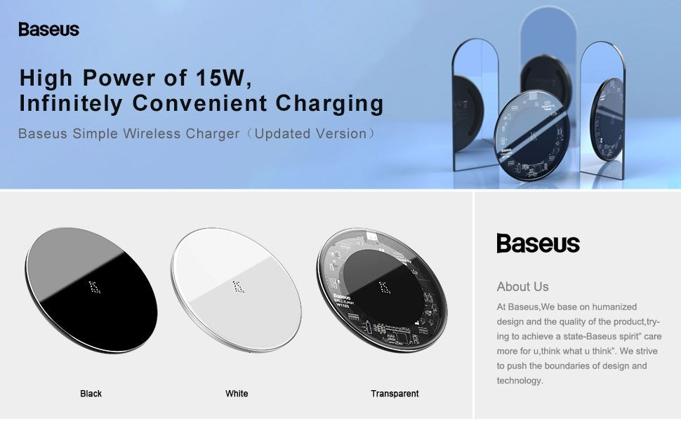 Baseus Simple Wireless Charger 15W (Updated Version with 1M Type-C Cable )