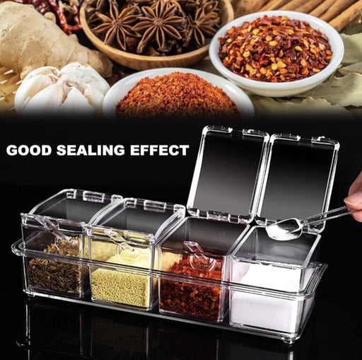 4 PCS Seasoning Box, Clear Spice Containers with Spoon, Acrylic Toppings Containers with Lids, Kitch