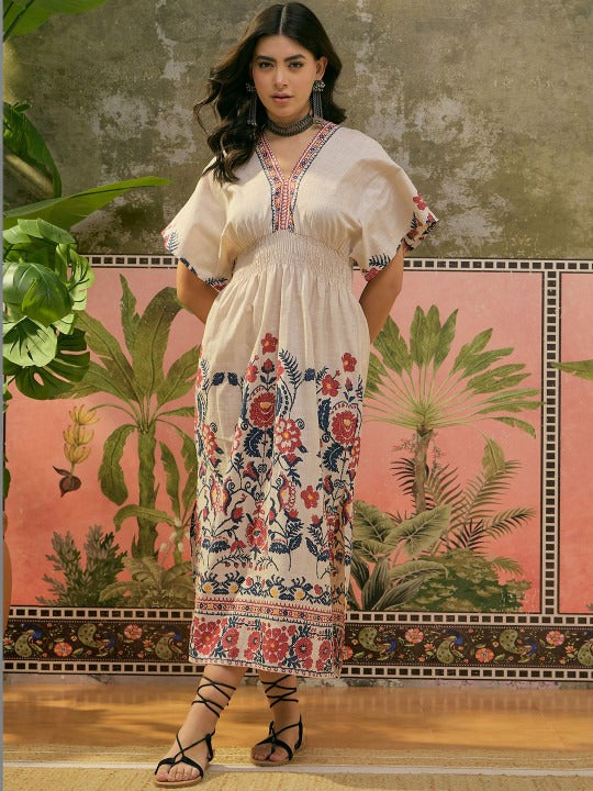 Printed Cotton V-Neck a-Line Knee Length Dresses