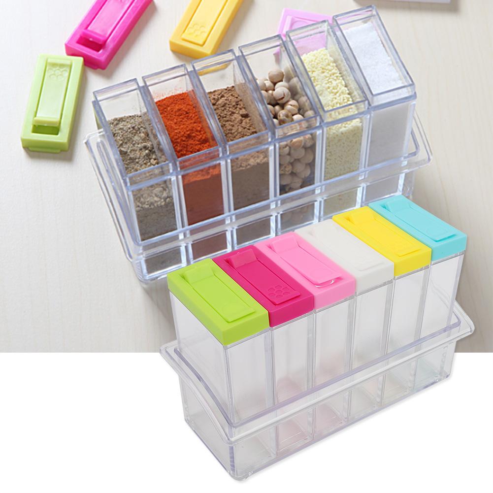 Six Piece Seasoning Container Spice Set Seasoning Six Piece Set Spice Bottle Set 6 Pcs Seasoning Condiment Storage Spice containers Square Transparent Salt Sugar Pepper Spice Jar with Tray Rack Cooking Container box spices