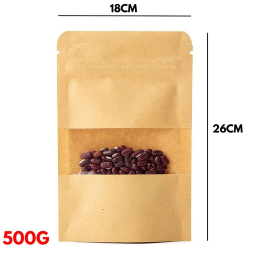 500G - Kraft Paper Bag Stand up Pouch Food Zip Lock Packaging Window (18CM X 26CM + 9CM = 500G)