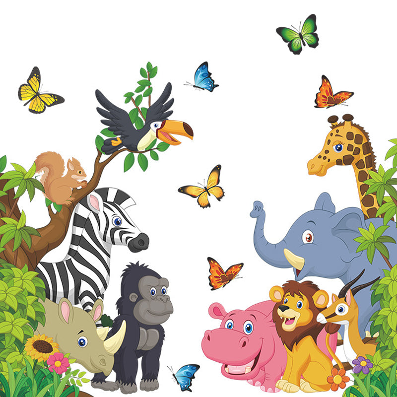 Jungle Safari Tree Cartoon Animals Theme Kids Wall Art Decal Sticker Decoration for Living Room Nursery Baby Girl Boy Kid Children's Room Bedroom Decoration