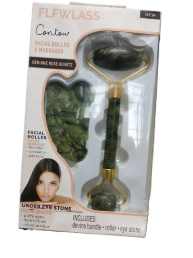 Flawless Facial Roller and Massager Tool Jade Roller Natural Stone 2 Piece Set [Q2