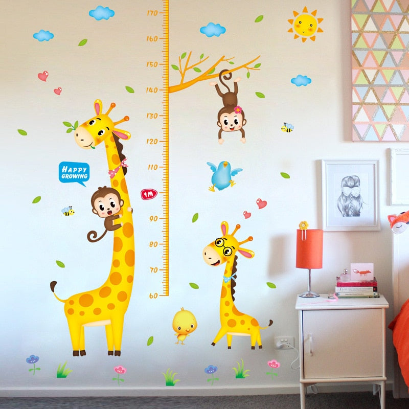 Two Giraffe with Monkeys Height Measuring growing kids measurement chart cartoon animals tree bridge baby children bedroom room wall decoration wall stickers removable kids nursery decal sticker