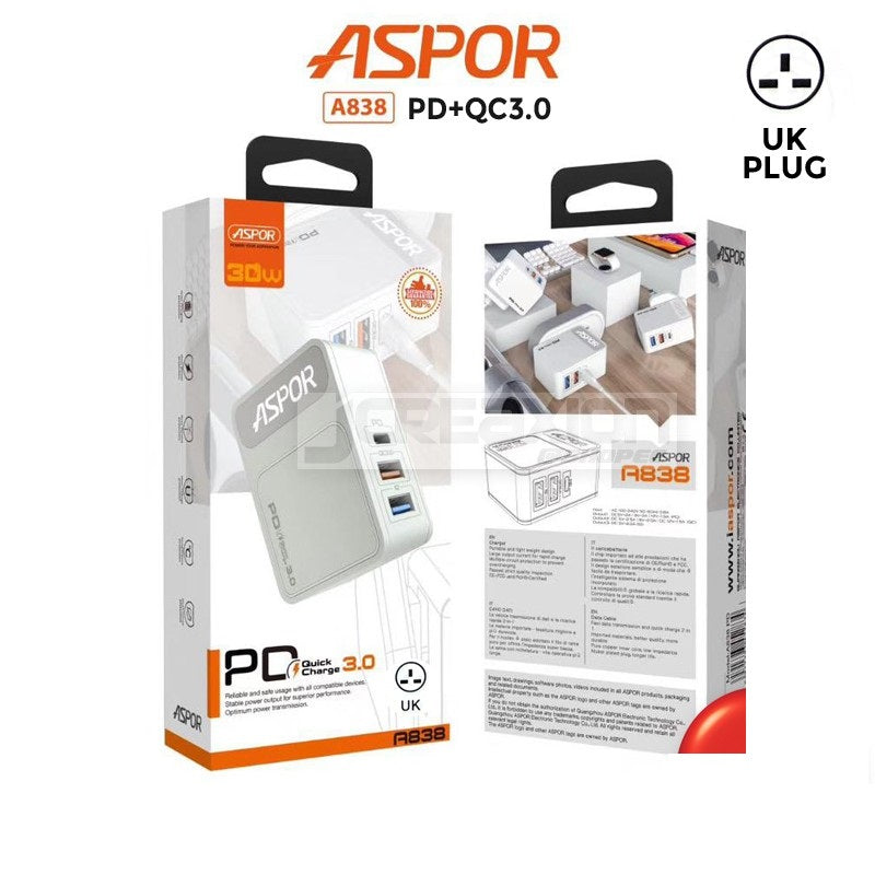 Aspor A838 3 USB QC3.0 + IQ Output 30W Quick Charge UK Plug Home Charger