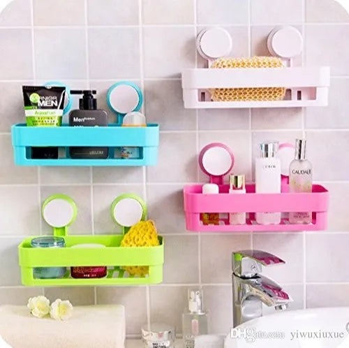 Plastic Wall-Mounted Rectangle Shelf with Suction Cups for Bathroom & Kitchen Storage