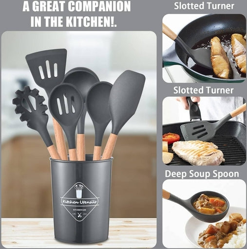 12-Piece Silicone Kitchen Utensil Set with Wooden Handles – Non-Stick Cooking Tools, Spatula, Spoon