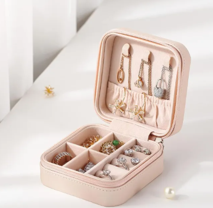 PU Leather Portable Travel Jewelry Box: Compact Zippered Storage Organizer for Rings & Earrings