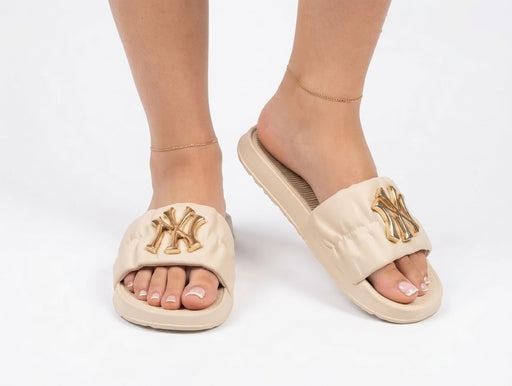 Premium Ruched Slide Sandals with Embellished Gold 'V' Hardware