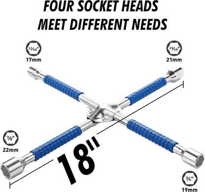 4 Way Lug Wrench Tire 17 | 19 | 21 | 23 Size Universal Nut Cross Heavy Duty Non Slip