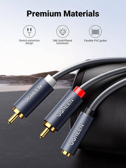 UGREEN AV102, 3.5mm Female To 2 RCA Male AUX Hi-Fi Audio Cable, Gold-Plated Connectors, For Audio Devices, 1 M Length, 24K Gold-plated Connector, For PC, Smartphone, Music Player | 10588