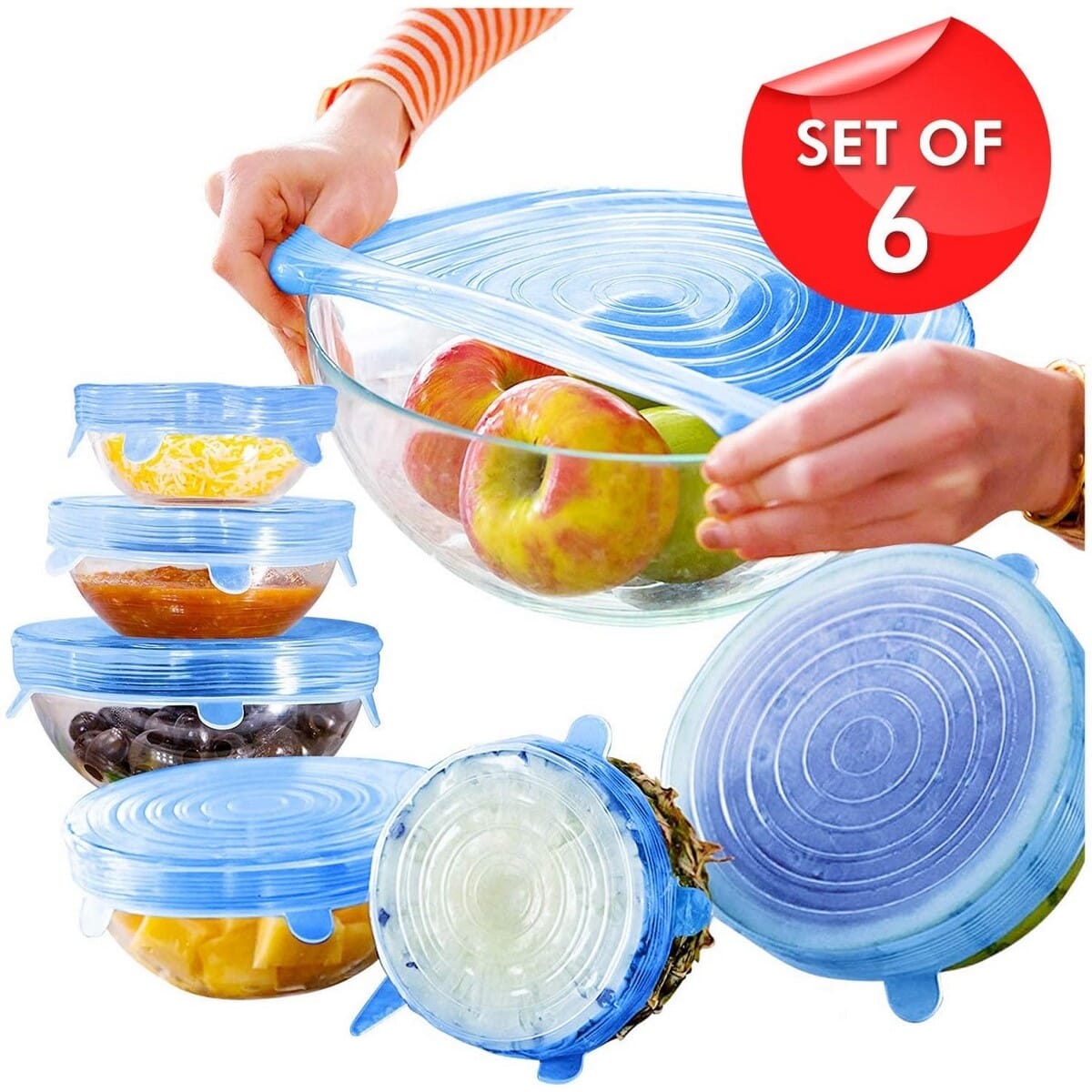 6 Pcs Silicone Lids, Reusable, Super Stretch Silicone Lids, Best Durable Kitchen Baking Tool And Coolest Cooking Gadget