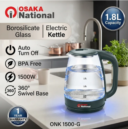 Healthy Choice 1.8 Litre Glass Electric Kettle with 360 Degrees