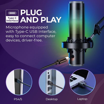 BOYA K9 RGB Gaming Condenser Mic Kit with Pop Filter, Shock Mount, Cover & USB-C Cable – Ideal Podcast Mic Set for Podcasting, Streaming and Gaming (Black)