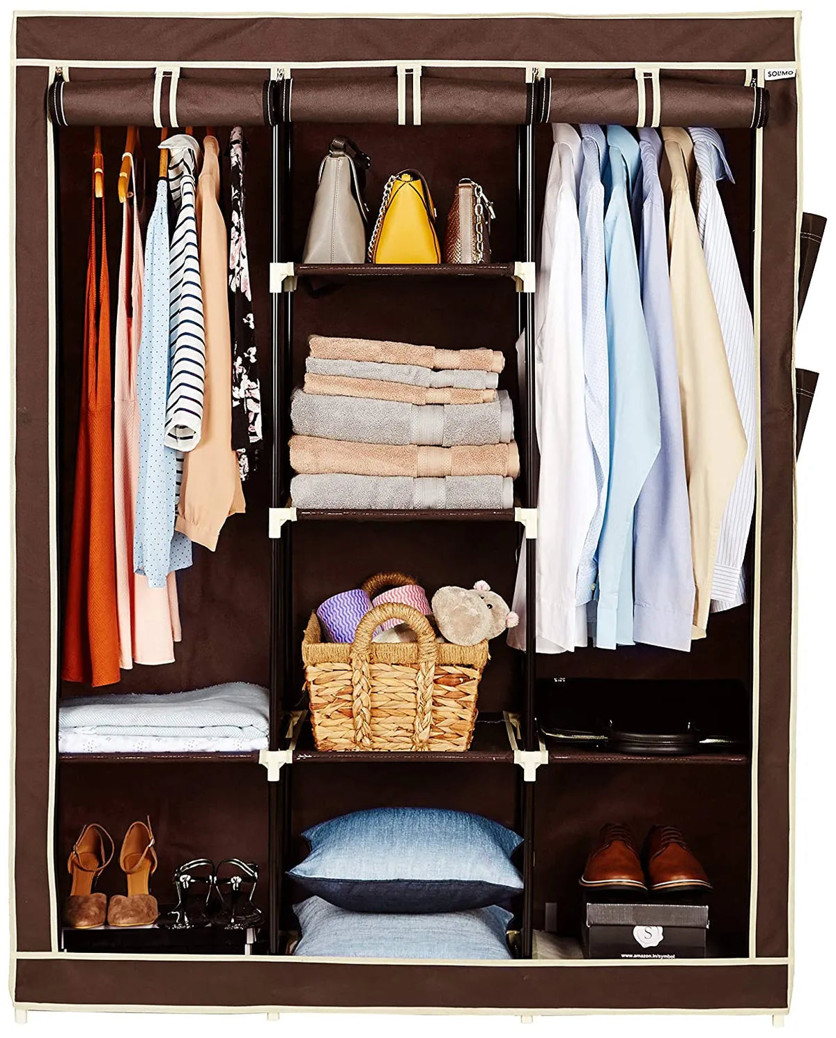Portable 3-Door Collapsible Fabric Clothes Rack: Movable Zip-up Wardrobe Storage Organiser