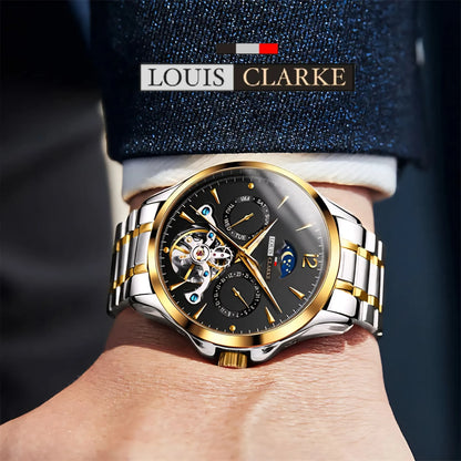 LOUIS CLARKE Fashion Brand Gold Steel Tourbillon Watch Men Sports Business Moon Phase Quartz Watches