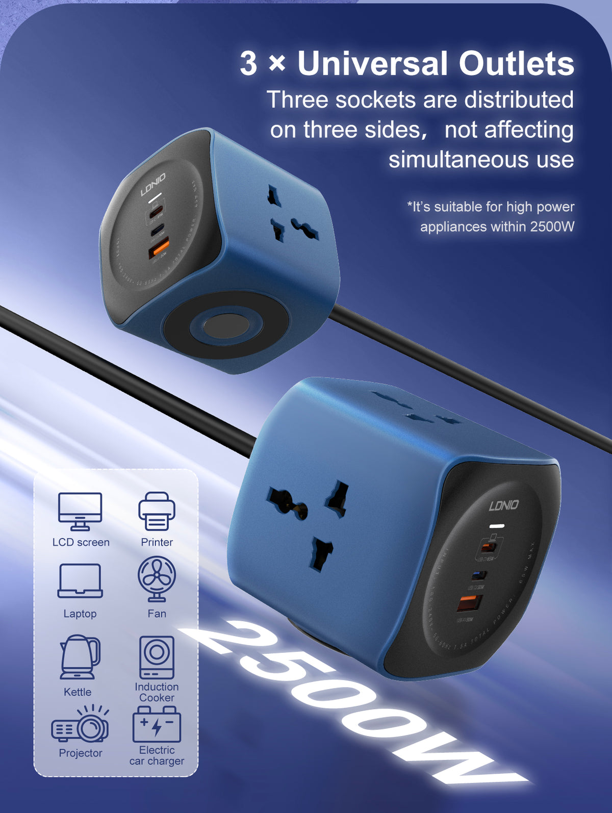 LDNIO SC3319 10A 2500W Cube Power Socket with 3AC Outlets+USB-A+2USB-C