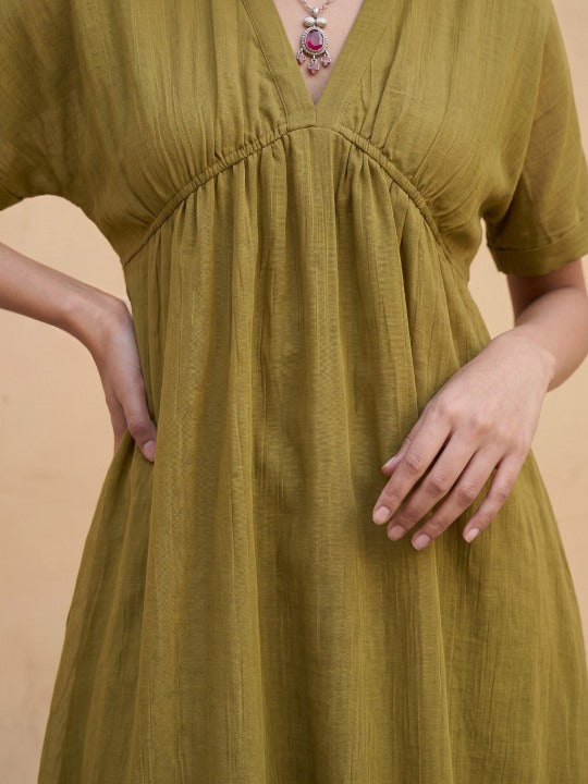 Striped V-Neck Extended Sleeves Gathers a-Line Midi Dress