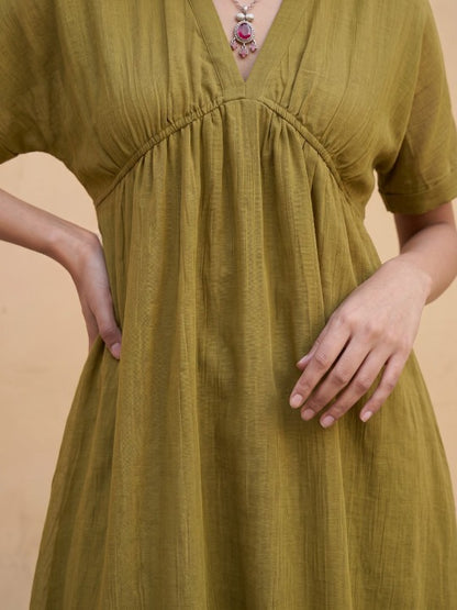 Striped V-Neck Extended Sleeves Gathers a-Line Midi Dress