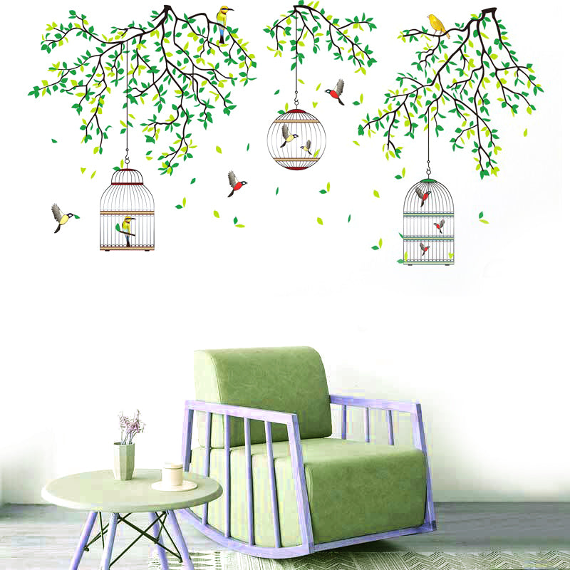 Three Cages Green Leaf with bird Flower Border Wall Decoration Sticker TV Frame Sticker Kitchen Living Room Decoration Star Room Deco wall stickers Stars Tree Wedding nursery decorative