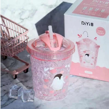 Creative Cute Pink Fruit Ice Cup Double Wall Plastic Straw Cups Summer Drinking Water Bottle Cartoon