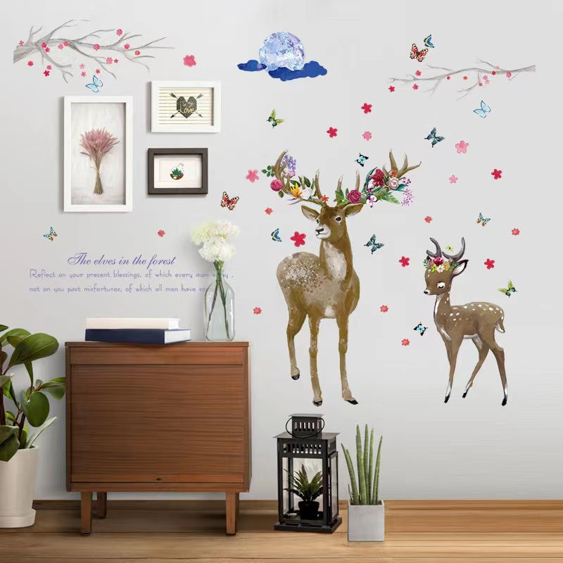 Two Deer Sticker Bird Fairy Flowers Sticker room wallpaper bedroom nursery window decor without Radium stars star wall stickers wall decoration flower butterfly wedding decoration birthday decoration kids room decoration Wall Stickers