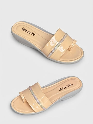 Ladies PU Heel Slippers Beige Size 36-41