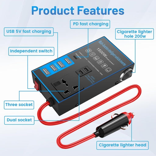 1500W Car Power Inverter 12V/24V to AC Converter – USB & USB-C Fast Charging, Universal Car Charger