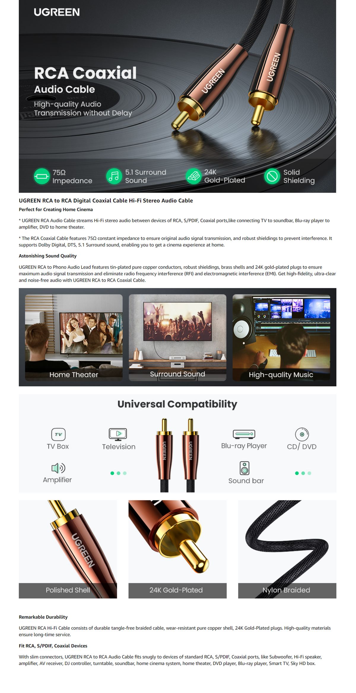 UGREEN AV155, RCA Male To Male Coaxial Braided Cable, 24K Gold-plated Connector, 75 Ohm Impedance, Signal Interference Shielding, Support Dolby Digital, DTS And 5.1 Surround Sound, 1M Length | 70684