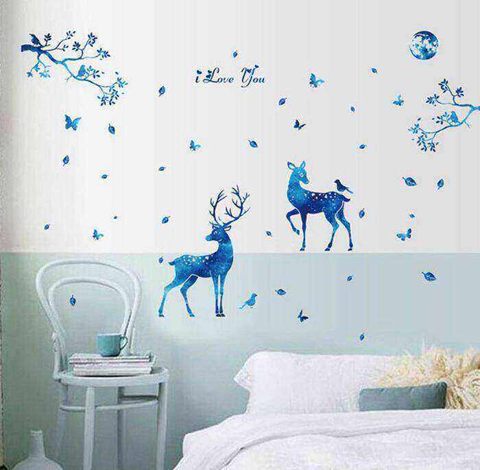 Attractive Blue Deer with Blue Tree Butterfly Sticker room wallpaper bedroom nursery kids room decoration Wall Stickers