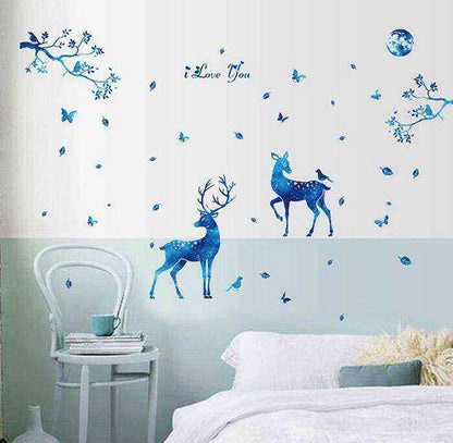 Attractive Blue Deer with Blue Tree Butterfly Sticker room wallpaper bedroom nursery kids room decoration Wall Stickers