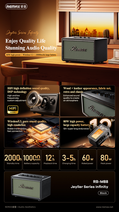 REMAX Jeyller Series-Infinity RB-M88 Wireless Bluetooth Speaker 60W High Power with Customizable High & Low Adjustments
