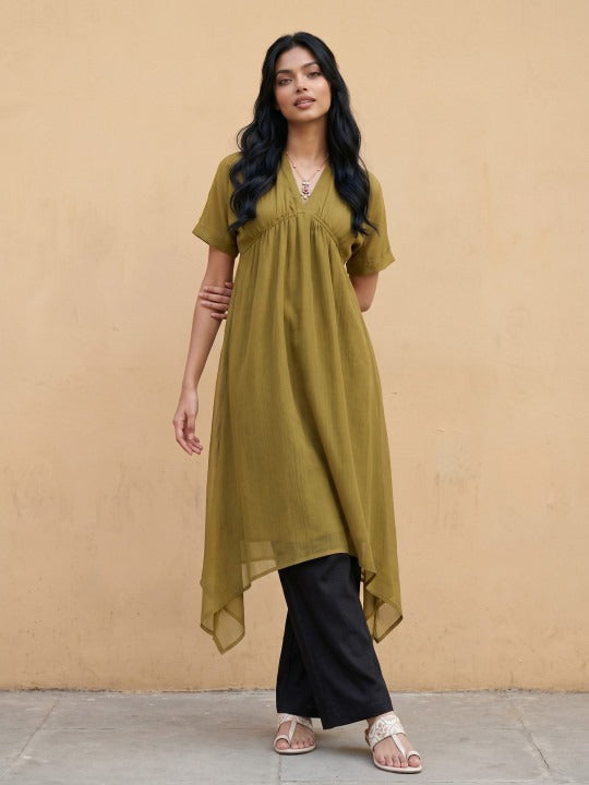 Striped V-Neck Extended Sleeves Gathers a-Line Midi Dress