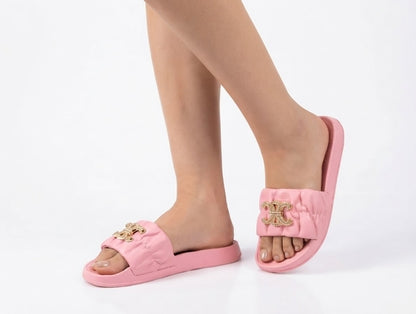 Premium Ruched Slide Sandals with Embellished Gold 'V' Hardware