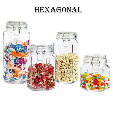 Square/Hexagonal Glass Food Storage Jars with Airtight Clamp Lids