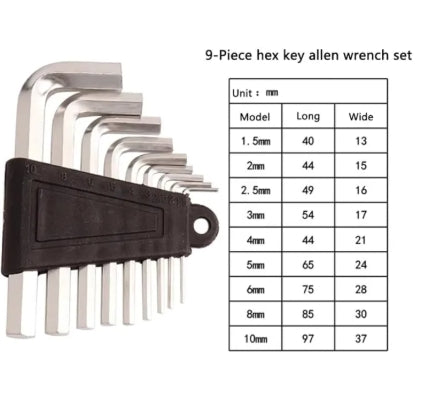 Allen Key Set - 9 Pcs - CRV - Short - Hex - (1.5 -10 Mm)