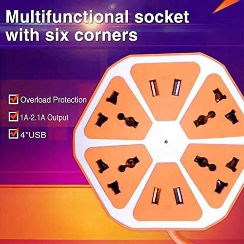 Universal Hexagon Extension Board with 4 USB Ports & 4 Multi-Purpose Sockets for Home, Office