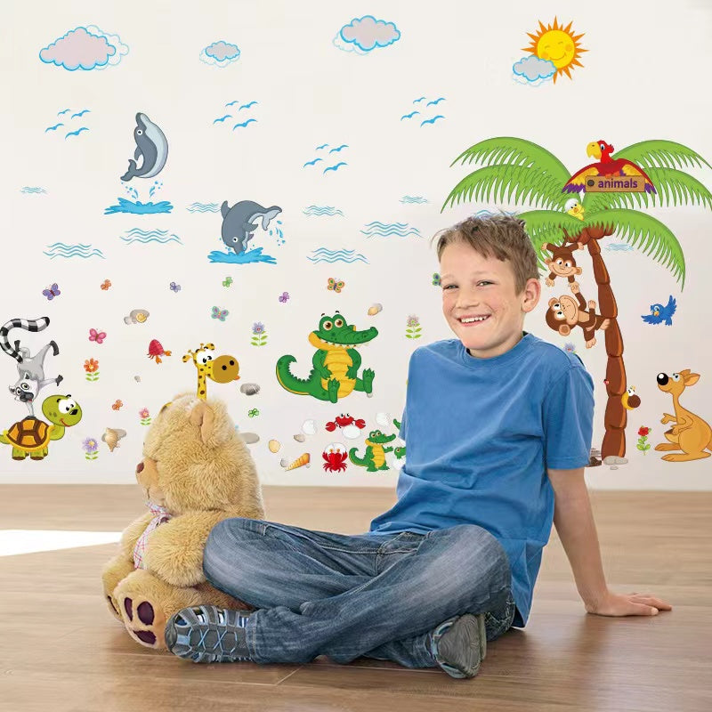 Crock Tree Cartoon Animals Theme Kids Wall Art Decal Sticker Decoration for Living Room Nursery Baby Girl Boy Kid Children's Room Bedroom Decoration