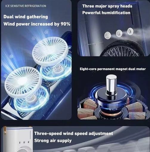 Double Ended Spray Fan with Mist Spray Function, USB Rechargeable Desk Fan