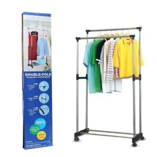 Double Pole Portable Clothing Hanging Garment Rack with Wheels