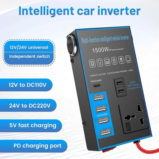 1500W Car Power Inverter 12V/24V to AC Converter – USB & USB-C Fast Charging, Universal Car Charger